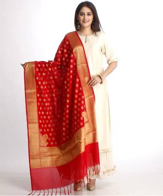 Off-White Straight Kurti with Off-White Gota Gathered Sharara and Red Banarsi Dupatta 1