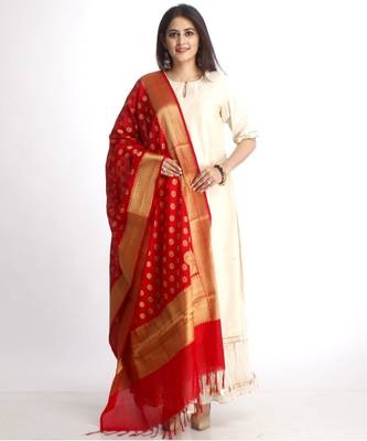 Off-White Straight Kurti with Off-White Gota Gathered Sharara and Red Banarsi Dupatta 2