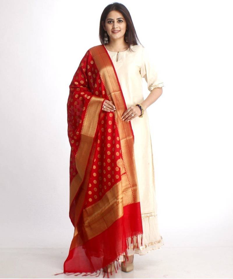Off-White Straight Kurti with Off-White Gota Gathered Sharara and Red Banarsi Dupatta