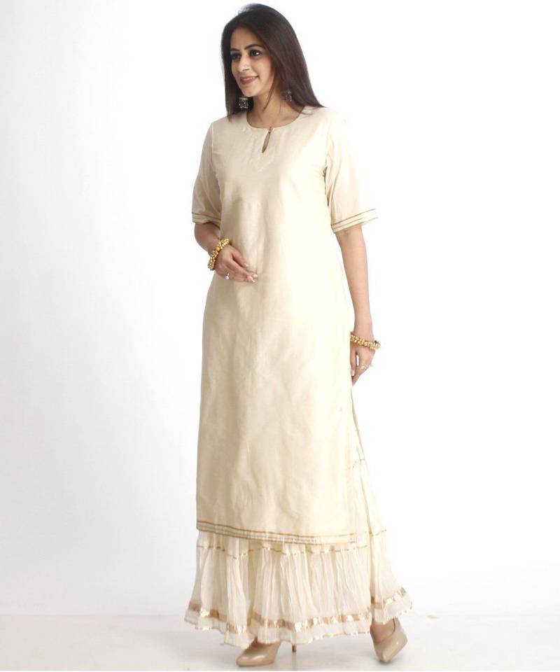 Off-White Straight Kurti with Off-White Gota Gathered Sharara and Red Banarsi Dupatta