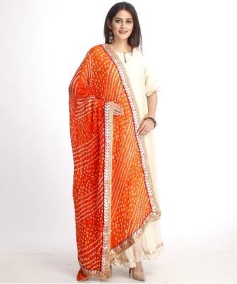 Off-White Straight Kurti with Off-White Gota Gathered Sharara and Orange Bhandhej Dupatta 1