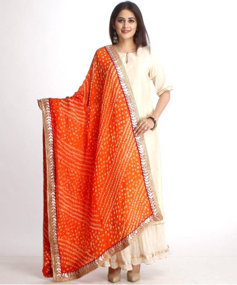 Off-White Straight Kurti with Off-White Gota Gathered Sharara and Orange Bhandhej Dupatta