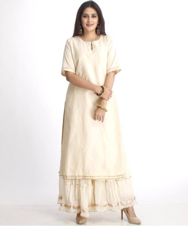 Off-White Straight Kurti with Off-White Gota Gathered Sharara and Orange Bhandhej Dupatta