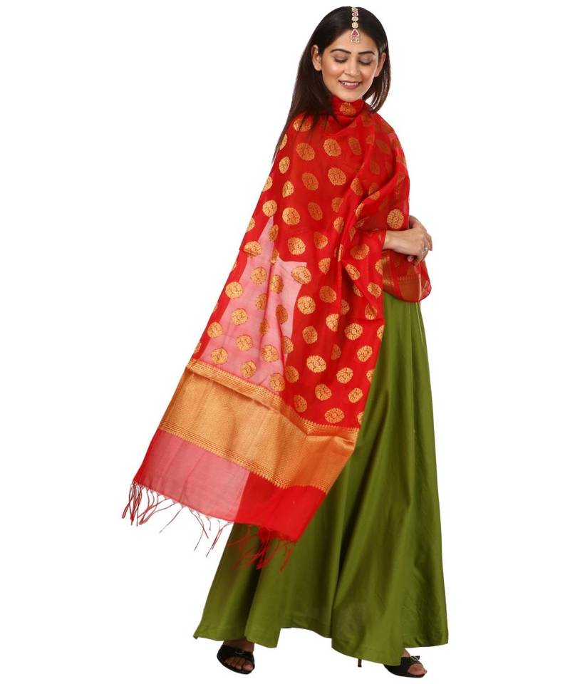 Green Floor Length Kurti With Red Banarsi Dupatta