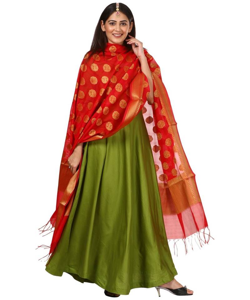 Green Floor Length Kurti With Red Banarsi Dupatta
