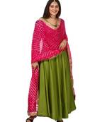 Green Floor Length Kurti With Pink Bandhani Dupatta