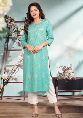 Turquoise printed cotton kurtas-and-kurtis 1