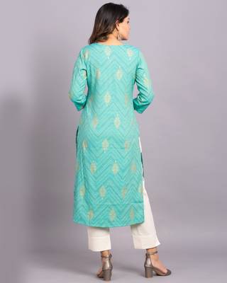 Turquoise printed cotton kurtas-and-kurtis 2