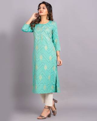 Turquoise printed cotton kurtas-and-kurtis 3
