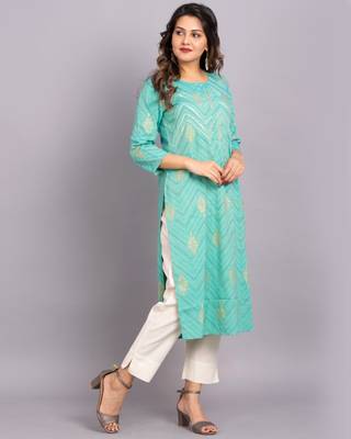 Turquoise printed cotton kurtas-and-kurtis 4