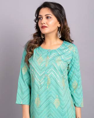 Turquoise printed cotton kurtas-and-kurtis 5