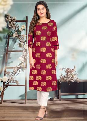 Magenta printed rayon kurtas-and-kurtis 1