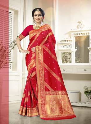 Red Poly Silk Jacqard Embroidery Work Heavy Work Saree 1