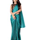 Teal plain satin saree with blouse
