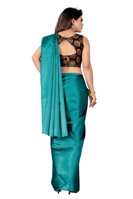 Teal plain satin saree with blouse 2