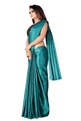 Teal plain satin saree with blouse 3