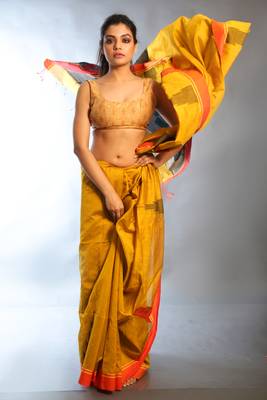 Mustard woven blended cotton saree with blouse 1