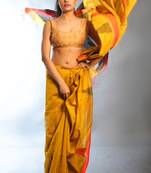 Mustard woven blended cotton saree with blouse