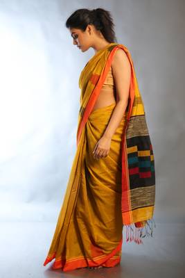 Mustard woven blended cotton saree with blouse 2