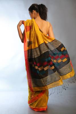 Mustard woven blended cotton saree with blouse 3