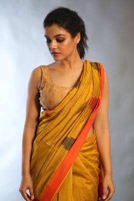 Mustard woven blended cotton saree with blouse 4