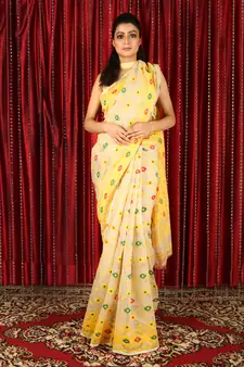 Beige woven blended cotton saree