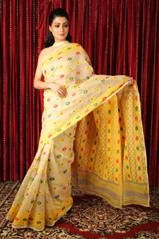 Beige Woven Blended Cotton Saree Without Blouse