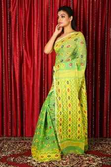 Light Green Woven Blended Cotton Saree Without Blouse