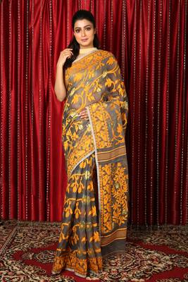 Grey Woven Blended Cotton Saree Without Blouse 1