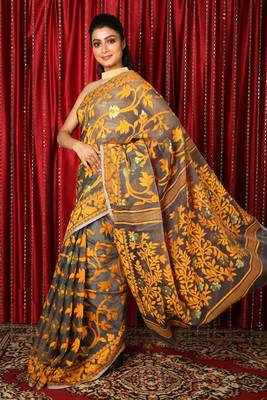 Grey Woven Blended Cotton Saree Without Blouse 2