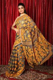 Grey Woven Blended Cotton Saree Without Blouse