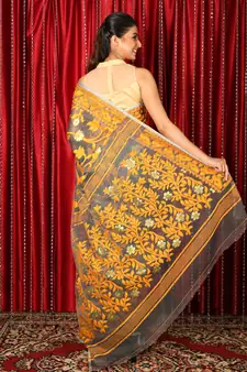 Grey Woven Blended Cotton Saree Without Blouse