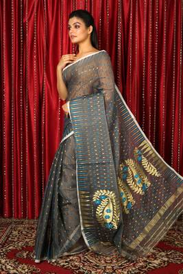 Grey woven blended cotton saree 2