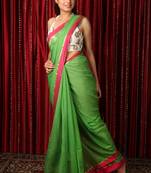 Green woven blended cotton saree with blouse