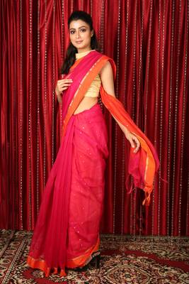 Pink woven blended cotton saree with blouse 2