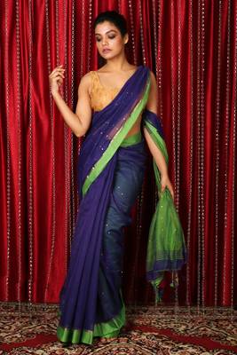 Blue woven blended cotton saree with blouse 1