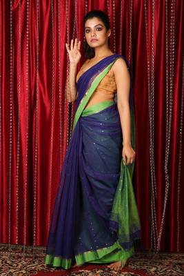 Blue woven blended cotton saree with blouse 2