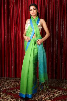 Light green woven blended cotton saree with blouse