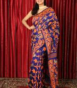 Blue woven blended cotton saree