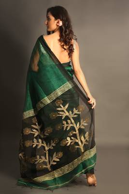 Green woven linen saree with blouse 2