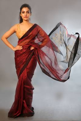 Maroon woven linen saree with blouse 1