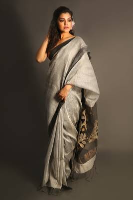 Silver woven linen saree with blouse 1