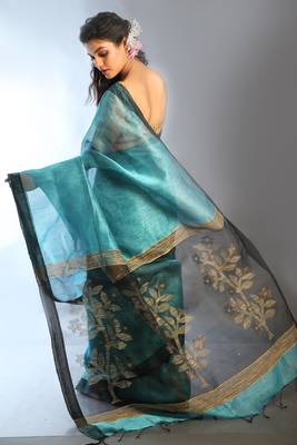 Sky blue  woven linen saree with blouse 2