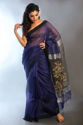 Blue woven linen saree with blouse 1
