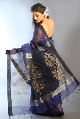 Blue woven linen saree with blouse 2