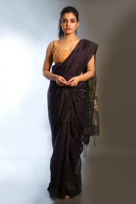 Dark purple woven linen saree with blouse 1