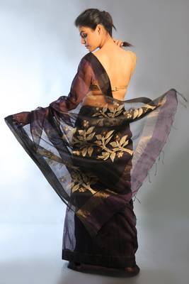 Dark purple woven linen saree with blouse 2