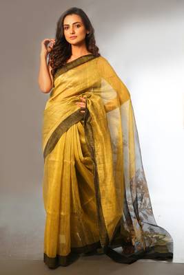 Mustard woven linen saree with blouse 1