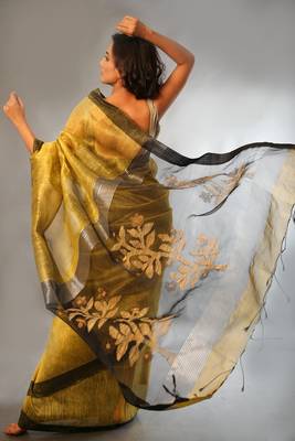 Mustard woven linen saree with blouse 2