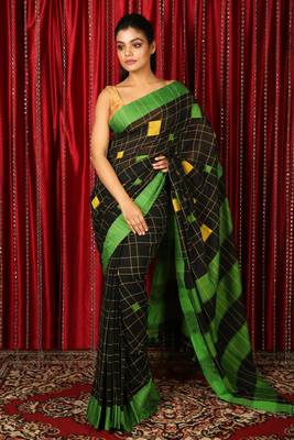 Black woven blended cotton saree with blouse 1